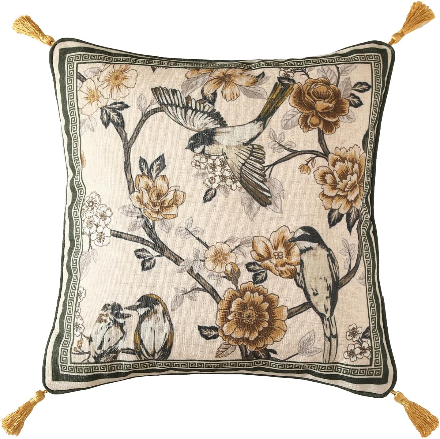 ISAENNE Design Linen Chinoiserie Square Throw Pillow Covers 18"x18", Farmhouse Cushion Covers with Yellow Floral Birds Pattern Decoration Pillowcases for Bed,Living Room,Outdoor,Car
