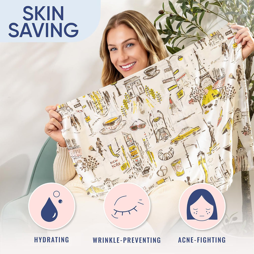 Blissy Silk Pillowcase - 100% Pure Mulberry Silk - 22 Momme 6A High-Grade Fibers - Silk Pillow Cover for Hair & Skin - Regular, Queen & King (Nicole Miller - NY to Paris, King)