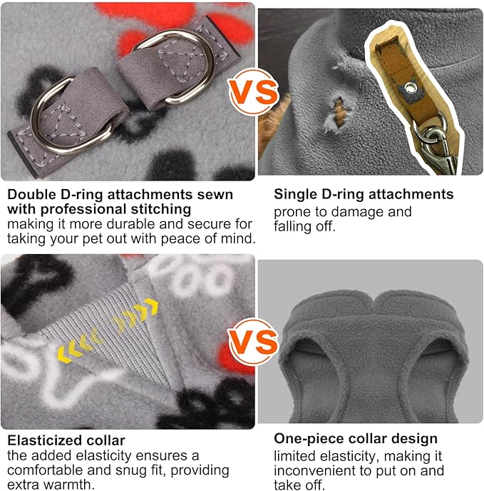 BEAUTYZOO Small Dog Sweater Fleece Vest Winter Jacket, D-Ring Leash Attachment for XS S Puppy Medium Sized Breeds Dogs, Cold Weather Dog Clothes Windproof Keep Warm, Grey Bones Paw XS