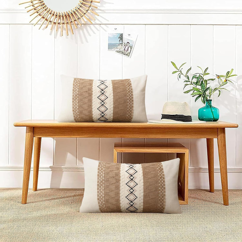 Pyonic Pack of 2 Boho Throw Pillow Covers 12x20 Inch Farmhouse Beige Decorative Lumbar Pillows for Bed Sofa Living Room,Modern Cushion Cover Couch Pillows Cover Home Decor