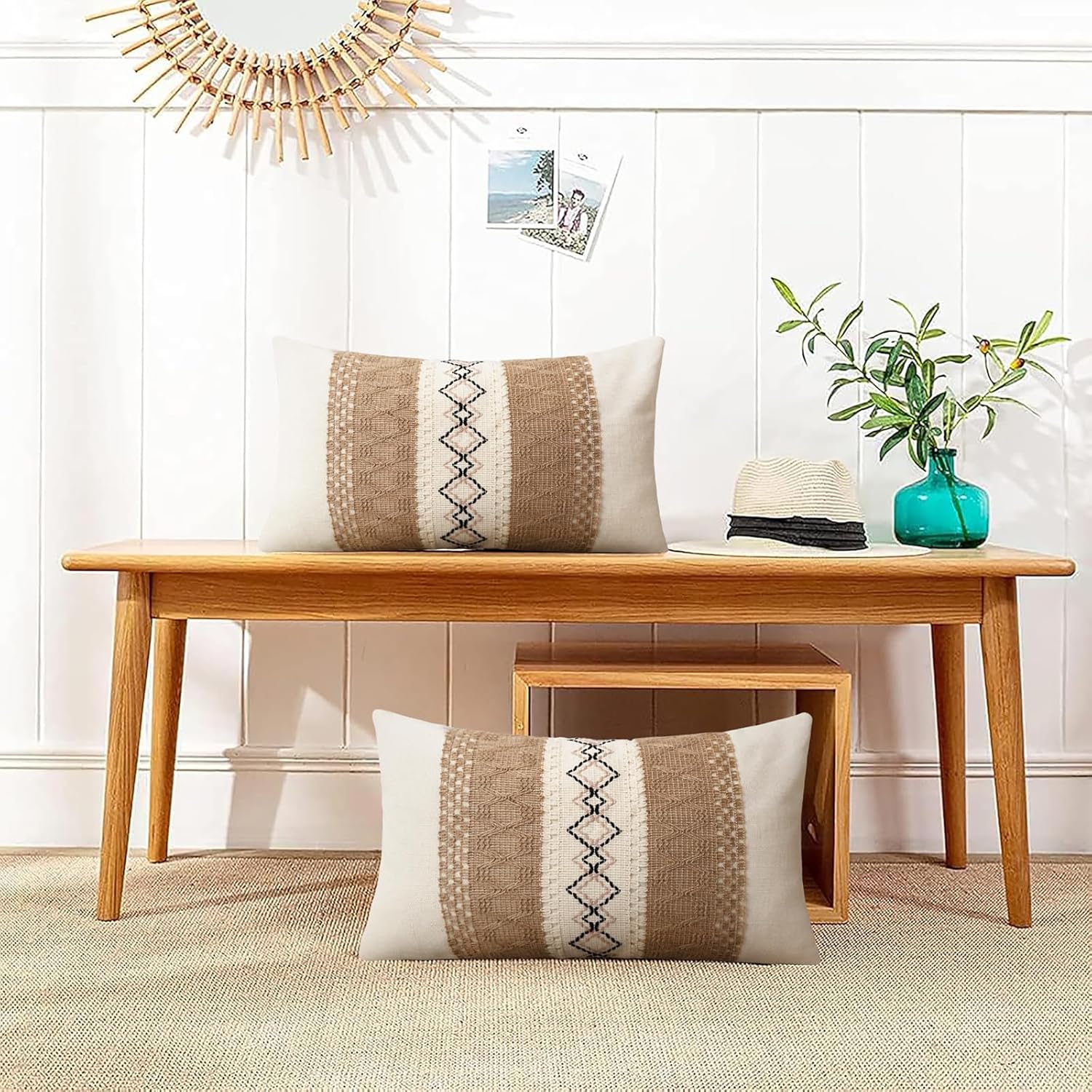 Pyonic Pack of 2 Boho Throw Pillow Covers 12x20 Inch Farmhouse Beige Decorative Lumbar Pillows for Bed Sofa Living Room,Modern Cushion Cover Couch Pillows Cover Home Decor