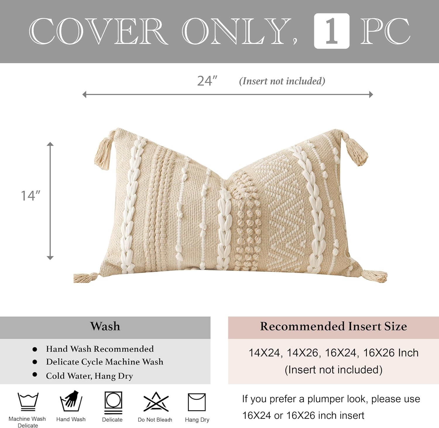 BlissBlush Decorative Lumbar Pillow Cover 14x24, Cream White Boho Accent Throw Pillow Case for Couch Sofa Bed, Modern Farmhouse Textured Lumbar Cushion Bedroom Living Room, Cover ONLY