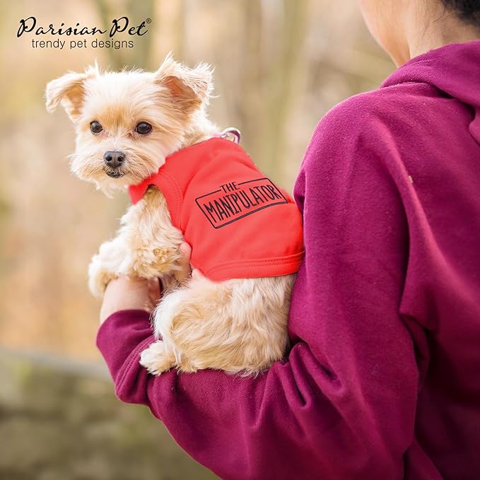 Parisian Pet Dog Tshirt - Embroidered “ Manipulator “ Tank Top - Breathable and Lightweight Dog Clothes - Sleeveless Red Tee Shirts - Machine Washable Shirt for Large Dogs - L