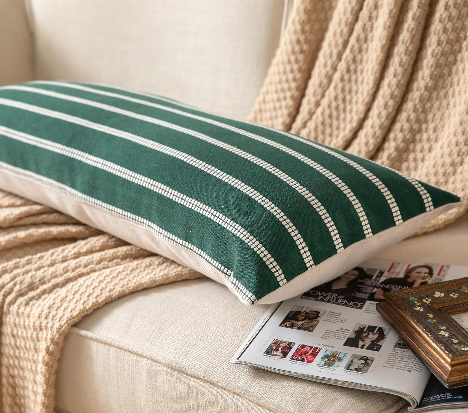 Boho Lumbar Throw Pillow Cover 14X36 Long Soft Farmhouse Decorative Couch Pillow Cases Dark Green Striped Body Pillow Covers Neutral Cushion Covers for Sofa Bed Living Room Home Decor Pack of 1