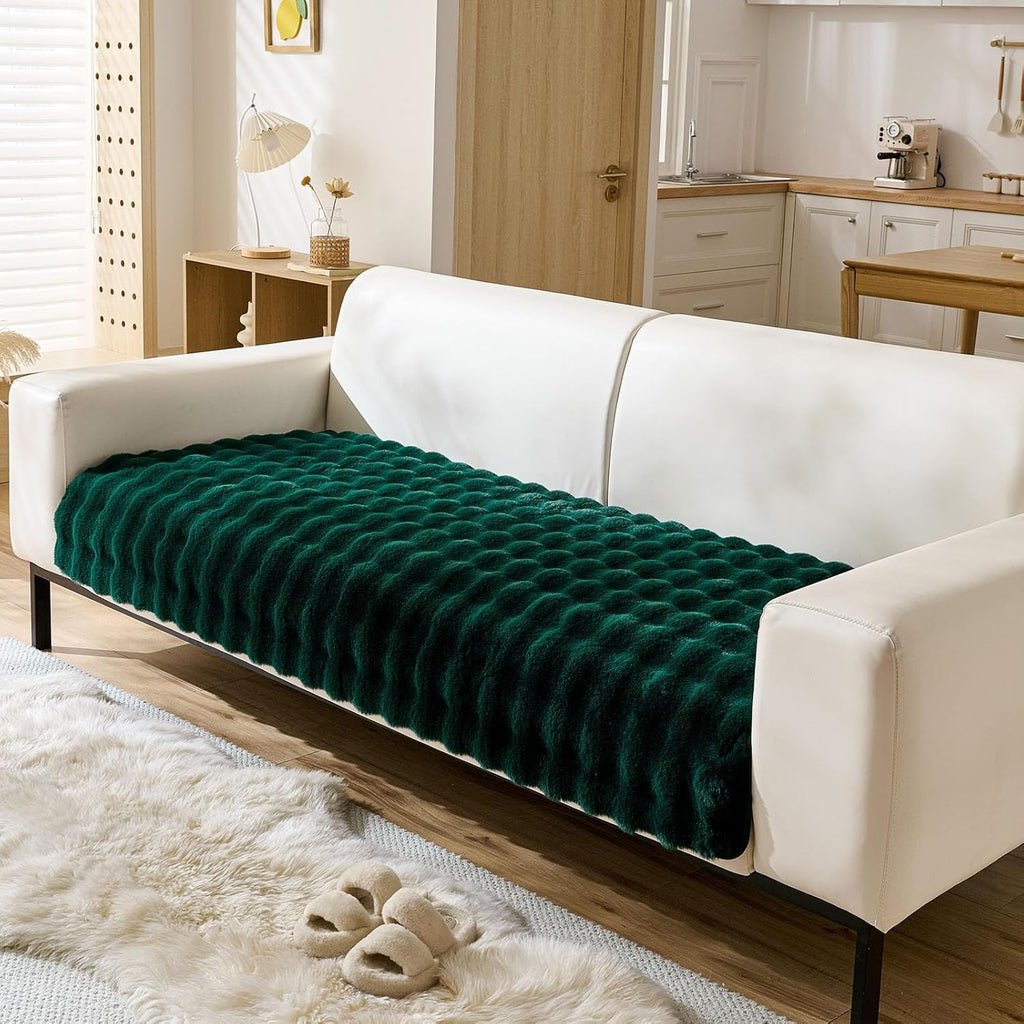 Christmas Faux Fur Couch Cover Fuzzy Soft Plush Thick Bubble Sofa Cover Luxury Sectional Couch Covers Luxury Anti-Slip Sofa Slipcover Washable Furniture Protector (Dark Green,36"x63")
