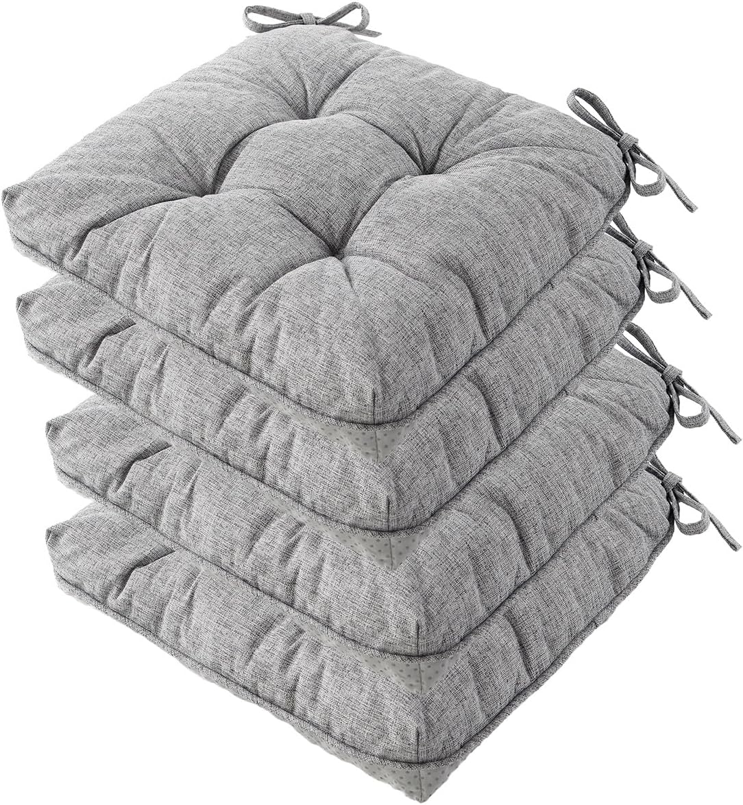 Chair Cushions for Dining Chairs, Tufted Foam Kitchen Chair, Non-Slip Seat Cushions with Ties Set of 4, 15.5" x 15.5" x 4", Grey