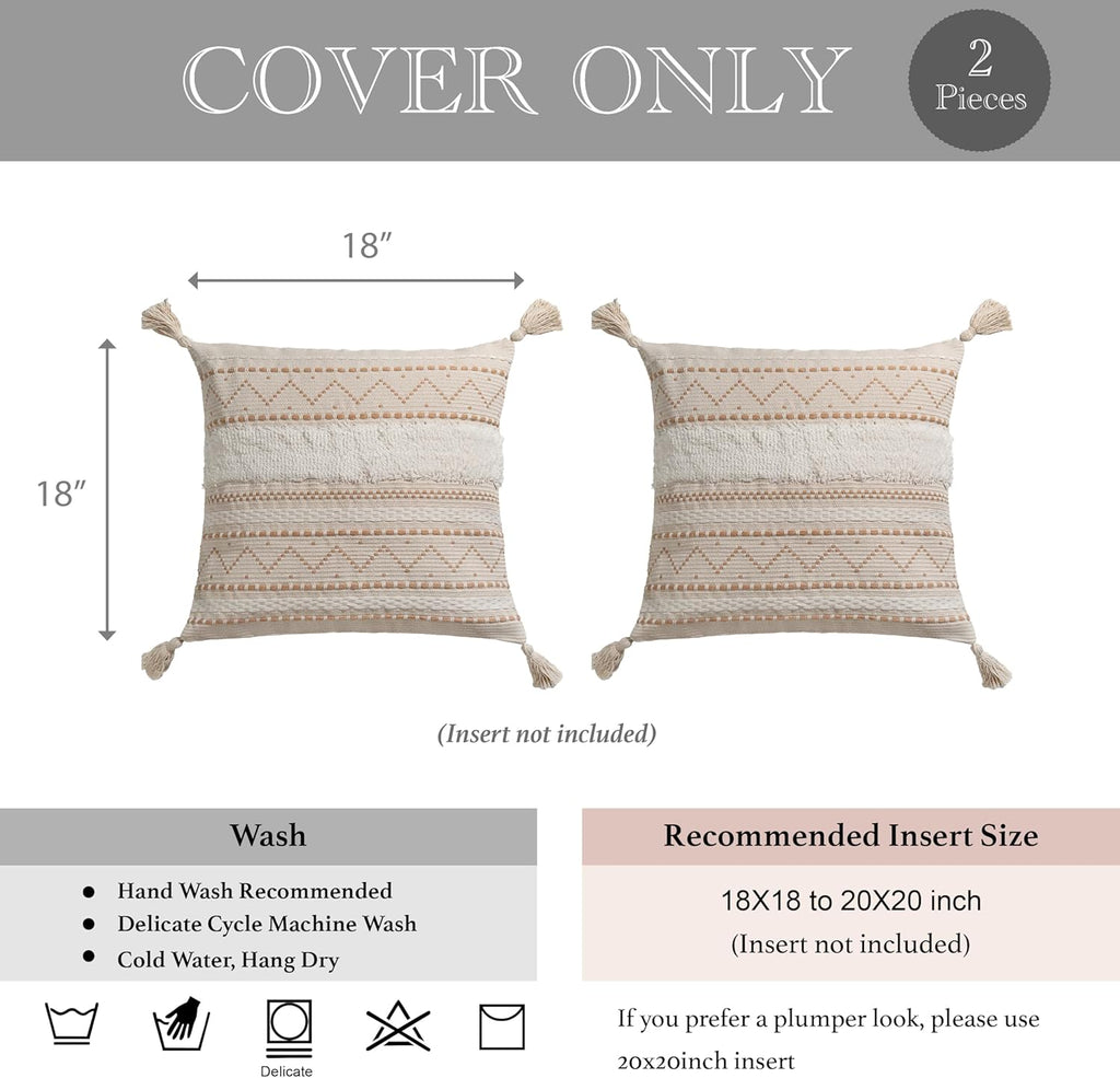 BlissBlush Decorative Throw Pillow Cover 18X18 Combo Set of 2 Square Cream Neutral White Boho Accent Pillowcase Tassels Farmhouse Cushion for Couch Sofa Bedroom Living Room Home Décor Cover ONLY