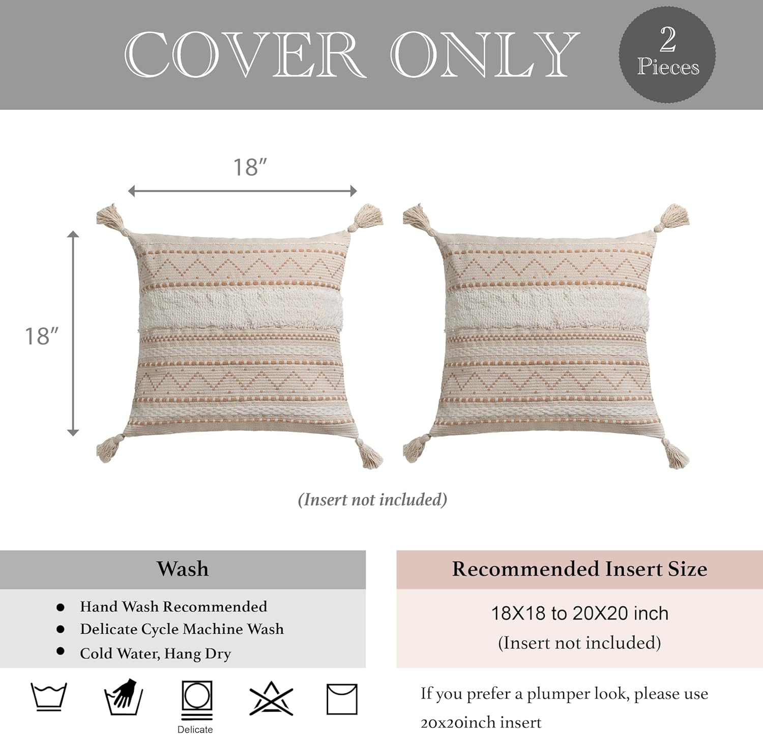BlissBlush Decorative Throw Pillow Cover 18X18 Combo Set of 2 Square Cream Neutral White Boho Accent Pillowcase Tassels Farmhouse Cushion for Couch Sofa Bedroom Living Room Home Décor Cover ONLY