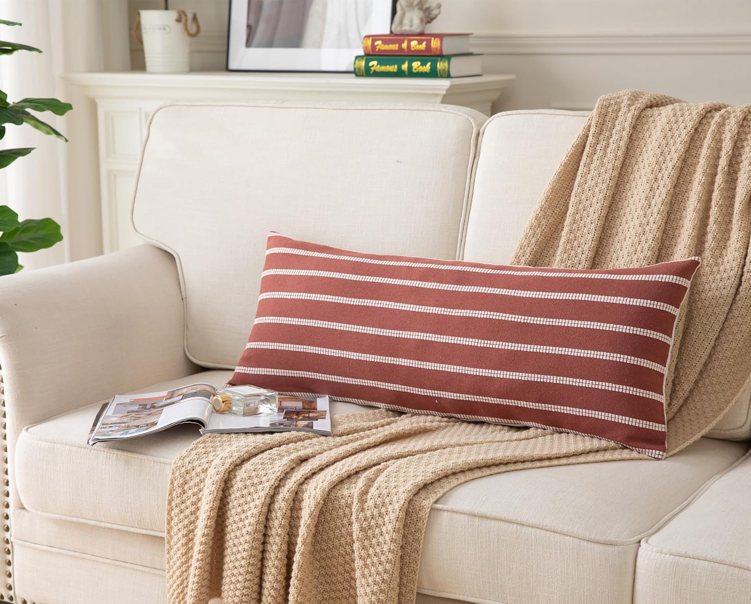 Caflife Boho Lumbar Throw Pillow Cover 14X36 Long Soft Farmhouse Decorative Couch Pillow Cases Rust Striped Body Pillow Covers Neutral Cushion Covers for Sofa Bed Living Room Home Decor Pack of 1