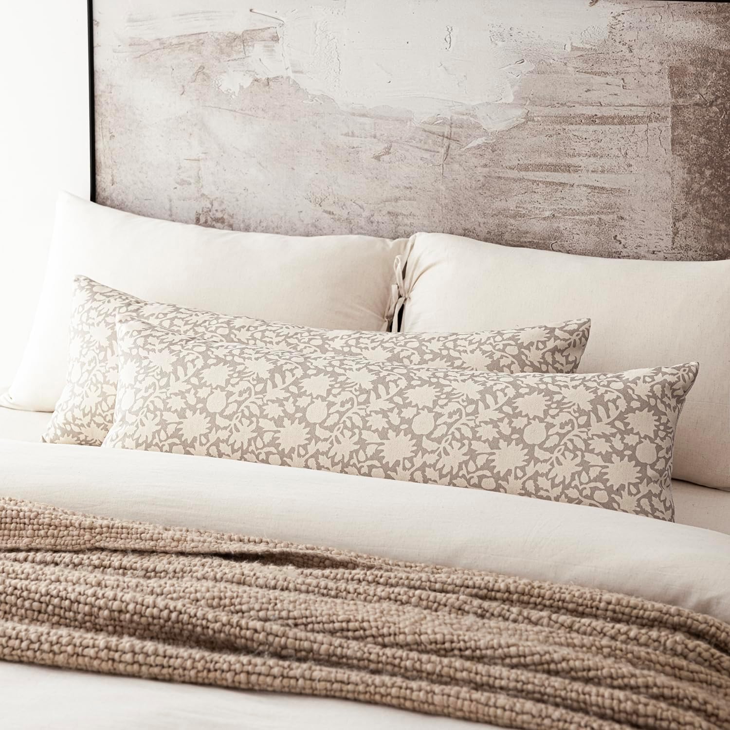 Foindtower Set of 2 Decorative Long Body Lumbar Throw Pillow Covers Accent Farmhouse Cushion Covers Boho Floral Pillowcase for Couch Sofa Bedroom Living Room Home Decor,14×36 Inch,Ivory Beige