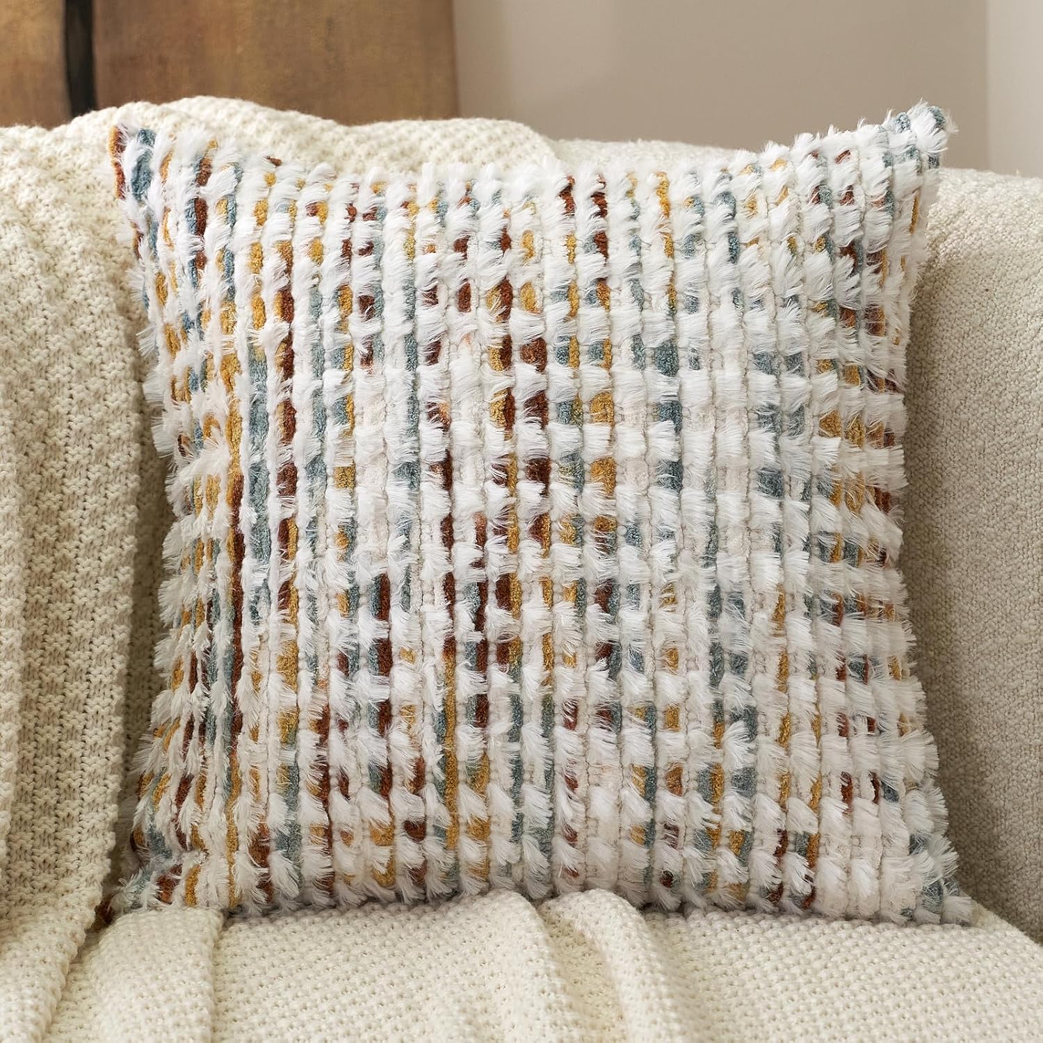 Aeckself Boho Chenille Tufted Pillow Cover 18 x 18 Inch, Decorative Square Throw Pillow Cover Neutral Pillowcase for Couch Bedroom Living Room, Orange White