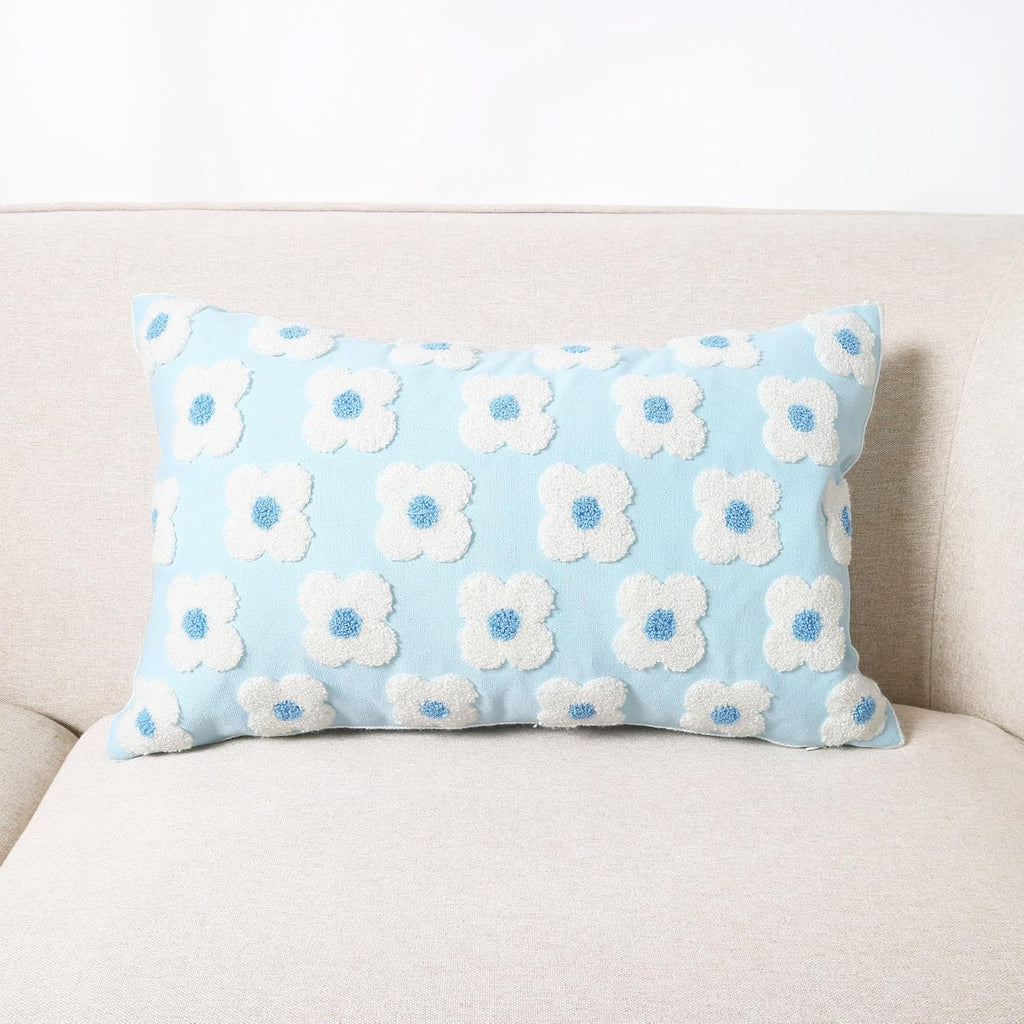 DECOBIRD Embroidery Throw Pillow Cover 12x20 Light Blue Floral Design Home Decor Loop Embroidered Pillow Case Thick Cotton Canvas Square Cushion Cover for Couch 30x50cm, 4 Petal Flowers 1 Piece