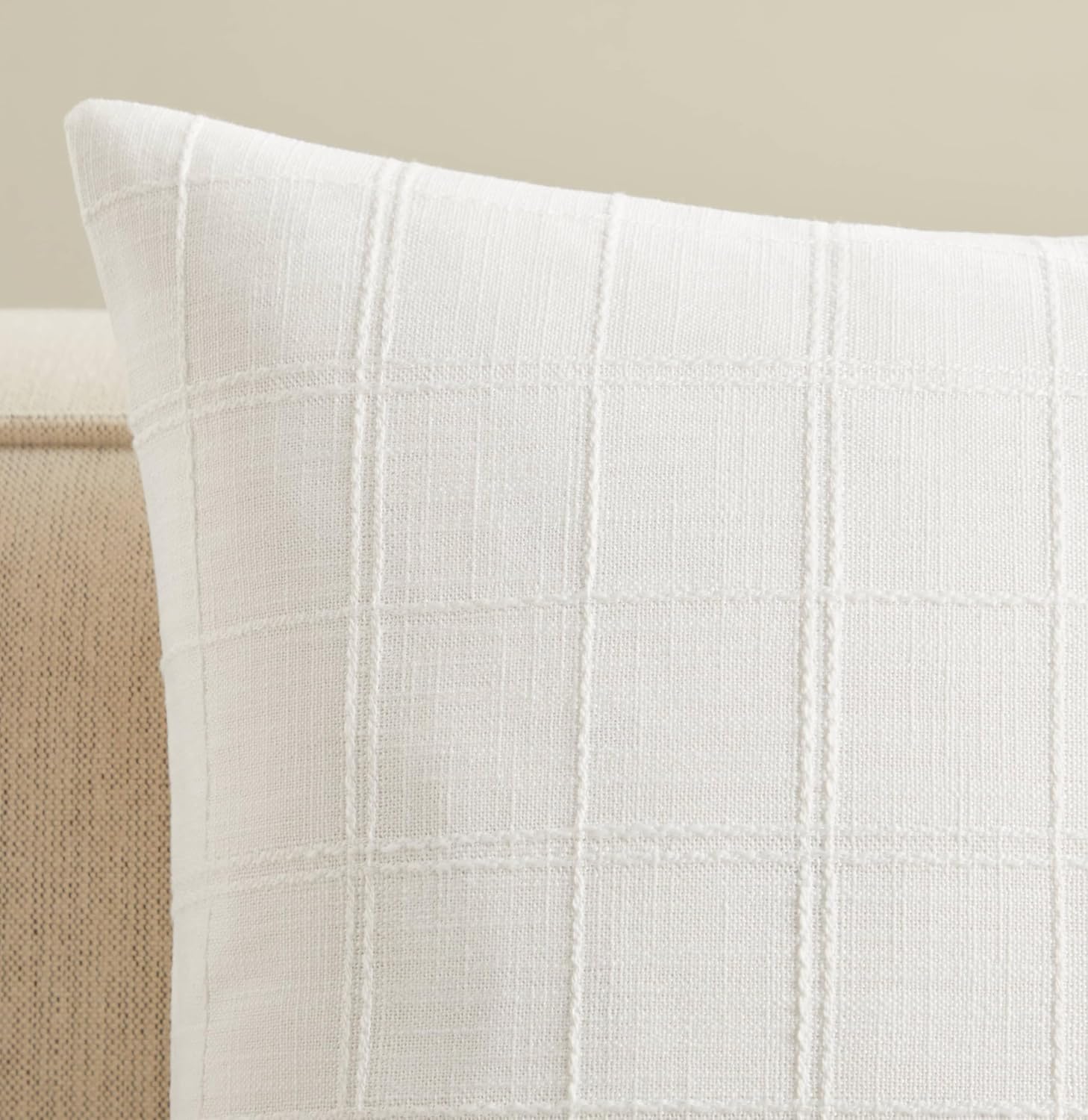 ZeeMart Linen Checked Throw Pillow Covers Set of 2, 20x20 Inch White/Natural White, Farmhouse Decorative Single Sided Grid Embroidered Couch Pillow Cases Cotton Linen Cushion Covers