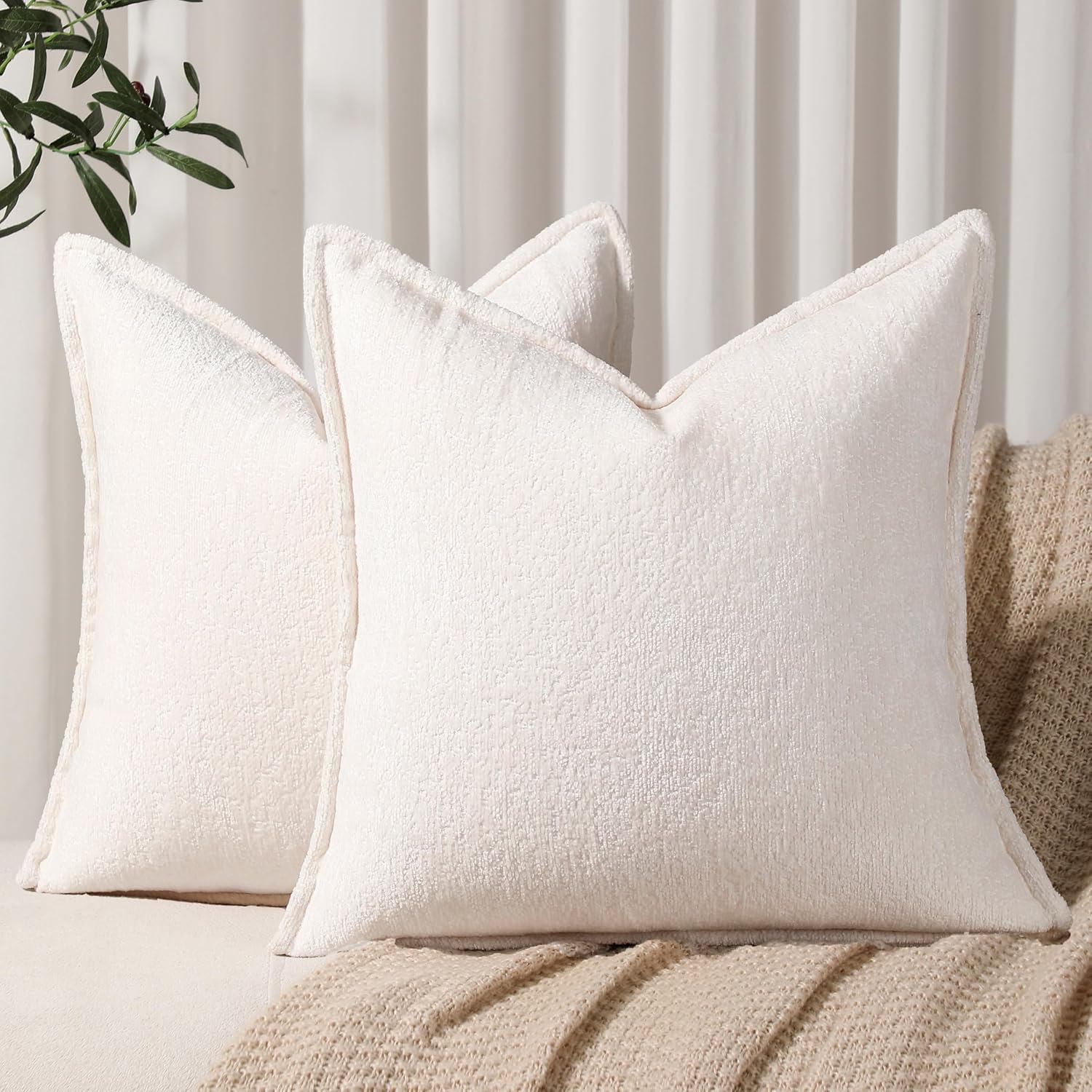 Pack of 2 Cream White Decorative Throw Pillow Covers 16x16 Cozy Soft Chenille Accent Vintage Square Couch Pillow Covers for Home Decor Bed Sofa Living Room