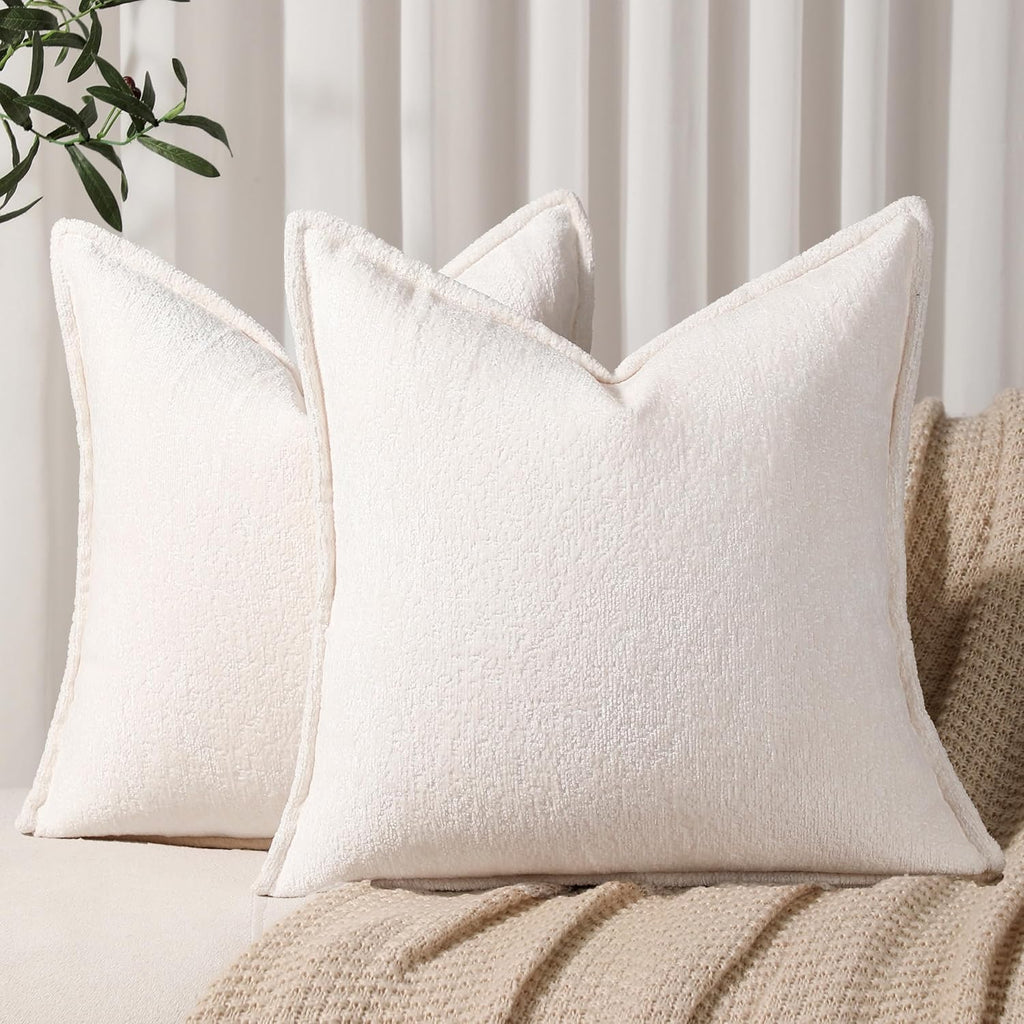 Pack of 2 Cream White Decorative Throw Pillow Covers 20x20 Cozy Soft Chenille Accent Vintage Square Couch Pillow Covers for Home Decor Bed Sofa Living Room