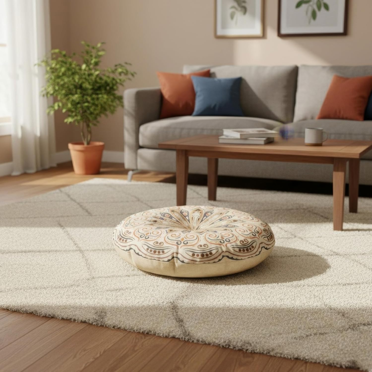 Mandala Round Floor Pillow - 16x16 inch Reversible Cotton Linen Meditation Cushion for Yoga, Balcony & Patio Decor (Floral Bloom)