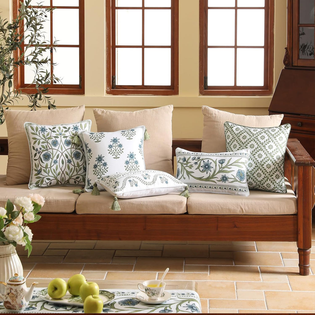 ISAENNE Design Fresh Linen Lumbar Throw Pillow Covers 12"x20", French White Cottage Cushion Covers with Green Branches Pattern Decoration Pillowcases for Bed,Living Room,Outdoor,Car