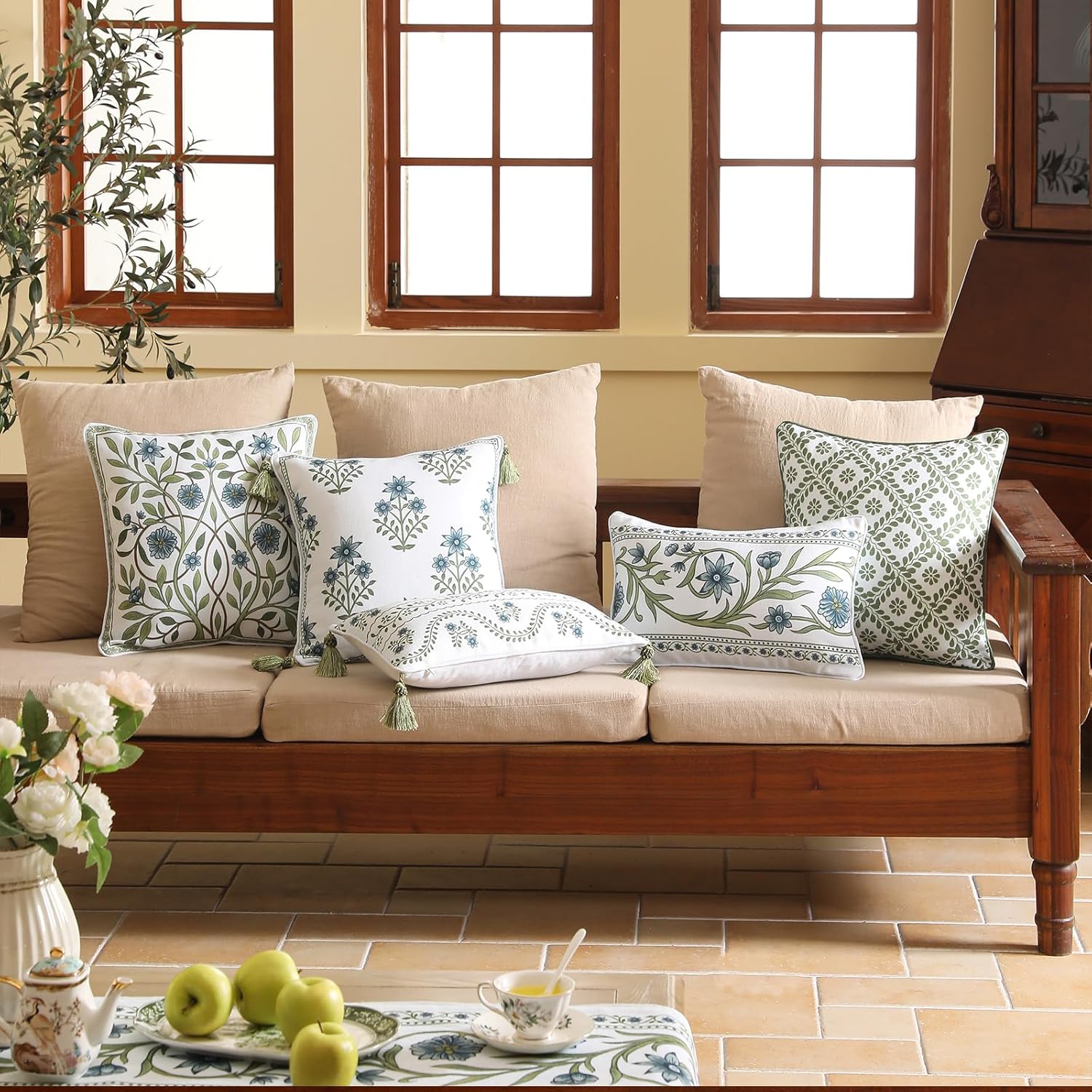 ISAENNE Design Fresh Linen Lumbar Throw Pillow Covers 12"x20", French White Cottage Cushion Covers with Green Branches Pattern Decoration Pillowcases for Bed,Living Room,Outdoor,Car