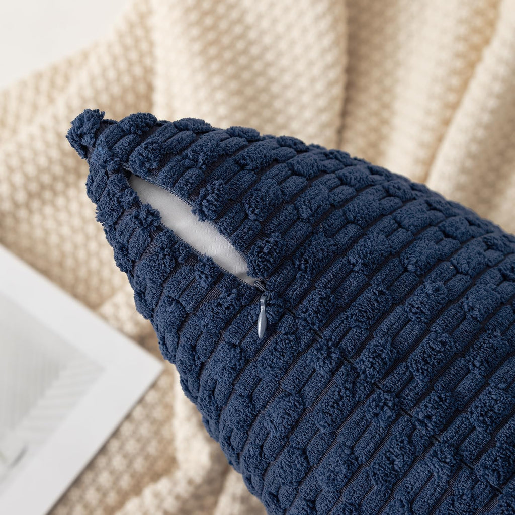 Kevin Textile 14x24 Inch Pillow Cover 1 Pack Boho Decorative Soft Striped Corduroy Lumbar Farmhouse Color Accent Rectangle Cushion Case for Living Room Couch Sofa Bed, Navy Blue