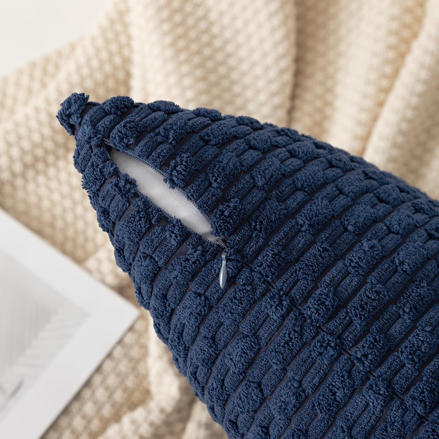 Kevin Textile 14x24 Inch Pillow Cover 1 Pack Boho Decorative Soft Striped Corduroy Lumbar Farmhouse Color Accent Rectangle Cushion Case for Living Room Couch Sofa Bed, Navy Blue