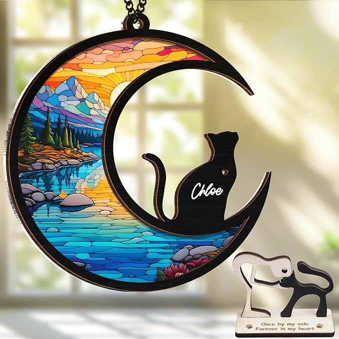 6'' DIY Cat on Moon Memorial Suncatcher, Personalized Name Cat Sympathy Ornament Window Hanging, Ideas Gift for Loss of Pet Passing Away, Remembrance Keepsake for Pet Lovers SCC-B2-6-03