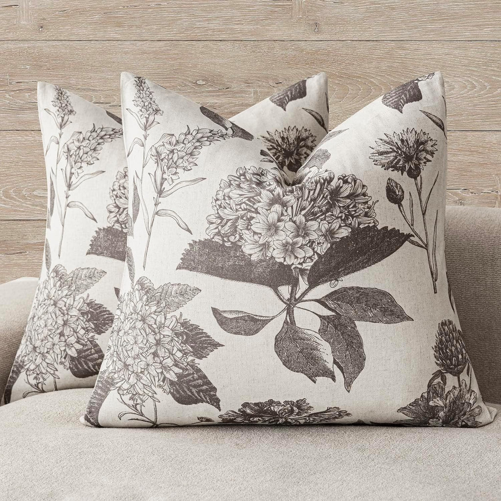 Foindtower Set of 2 Linen Floral Throw Pillow Covers Vintage Accent Print Decorative Cushion Covers Farmhouse Boho Home Decor for Sofa Chair Couch Bedroom Living Room,22×22 Inch,Light Gray