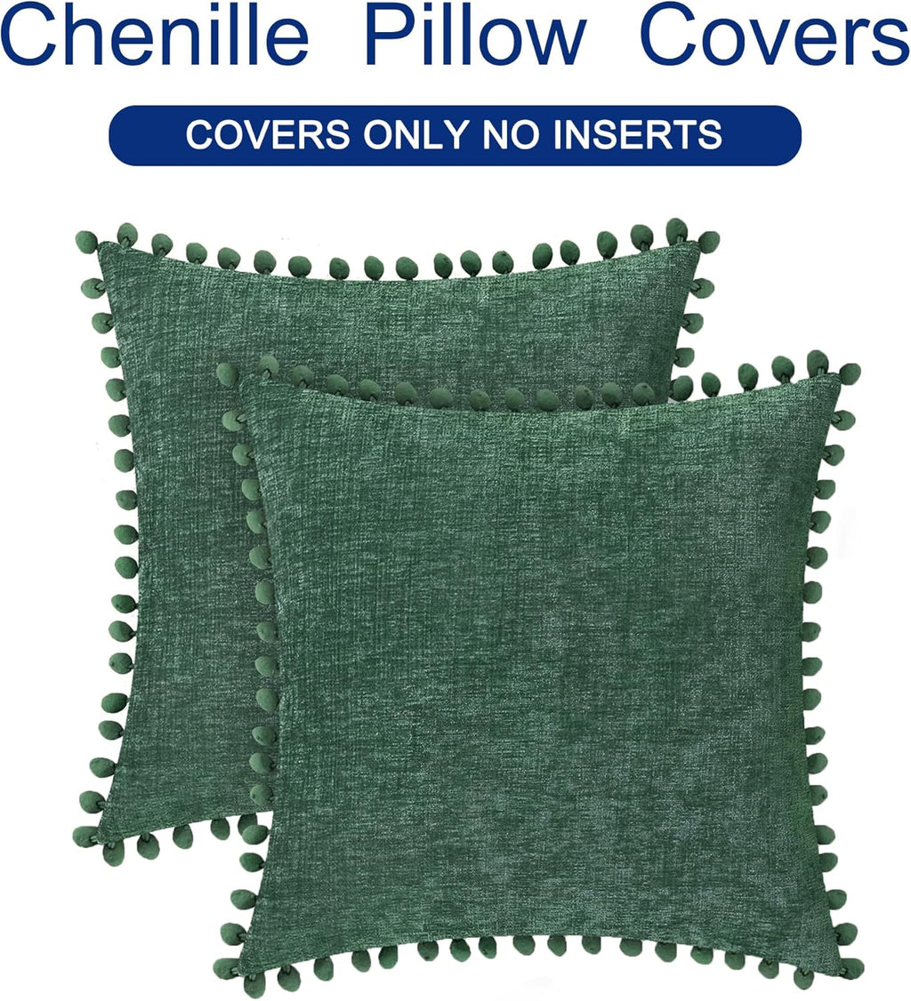 CaliTime Christmas Throw Pillow Covers Decorative 22 X 22 Inches Pack of 2 Cozy Solid Dyed Soft Chenille Cushion Cases with Pom Poms for Couch Sofa Bed Living Room Home Dark Green