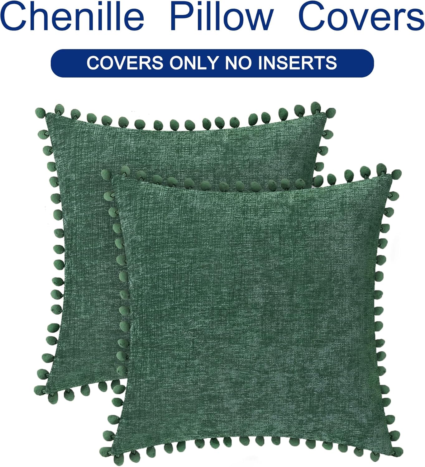 CaliTime Christmas Throw Pillow Covers Decorative 22 X 22 Inches Pack of 2 Cozy Solid Dyed Soft Chenille Cushion Cases with Pom Poms for Couch Sofa Bed Living Room Home Dark Green