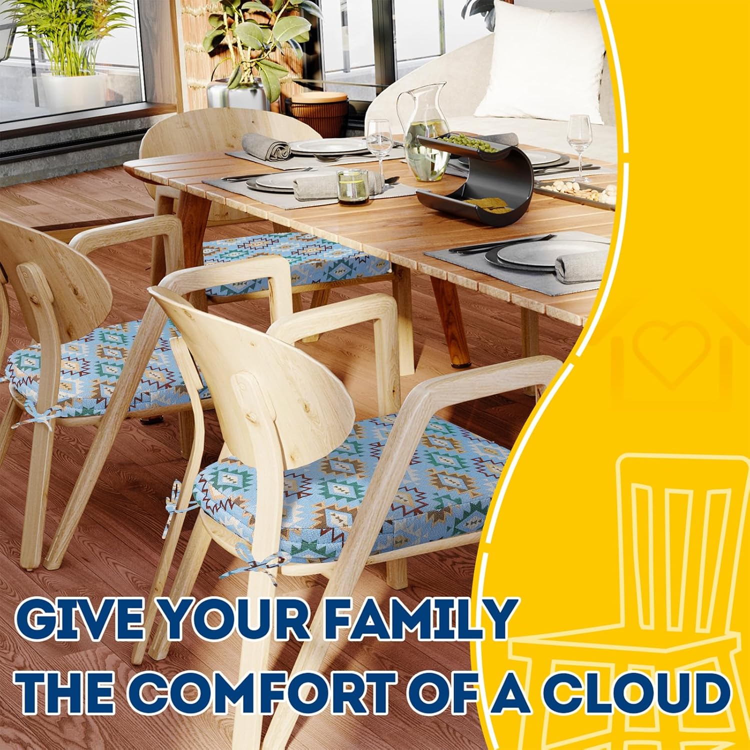 AAAAAcessories D-Shaped Chair Cushions, 2" Thick Dining Chair Pads with Ties and Removable, Machine-Washable Cover, 17" x 16", Set of 4, Geometric Blue