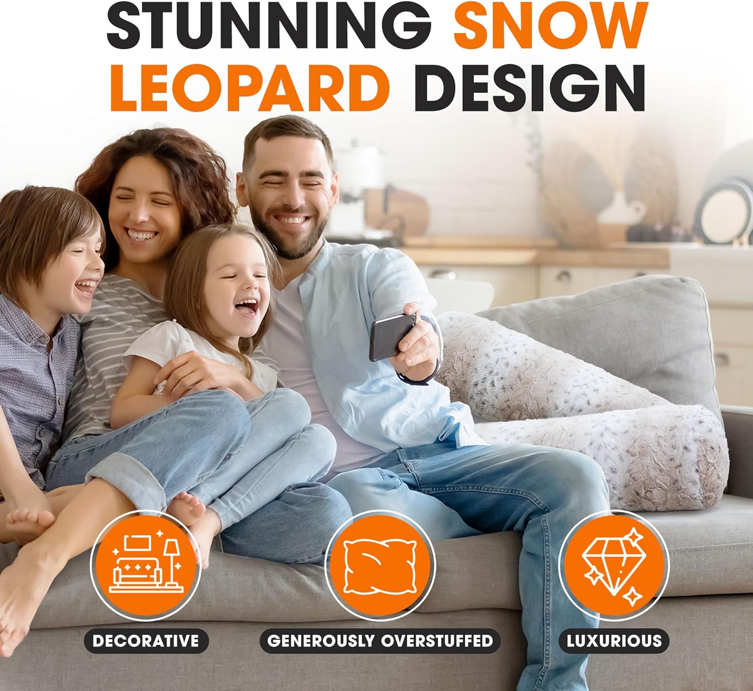 Cheer Collection Faux Fur Bolster Pillows – Soft Decorative Cylinder Pillows for Bed or Couch, Machine Washable – 8” x 24”, Set of 2, Snow Leopard