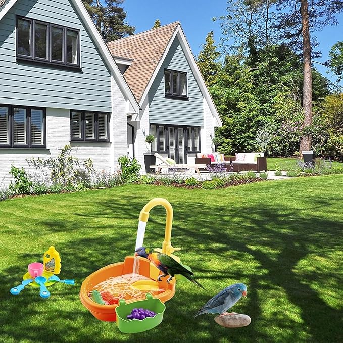 Bird Bath Shower, Bird Bath for Cage with Faucet, Parrot Shower Bathtub Parrot Automatic Bathing Box, Bird Baths for Parakeets, Ferret, Budgie, Goldfinch, Cockatiel, Lovebird and Small Birds (Orange)