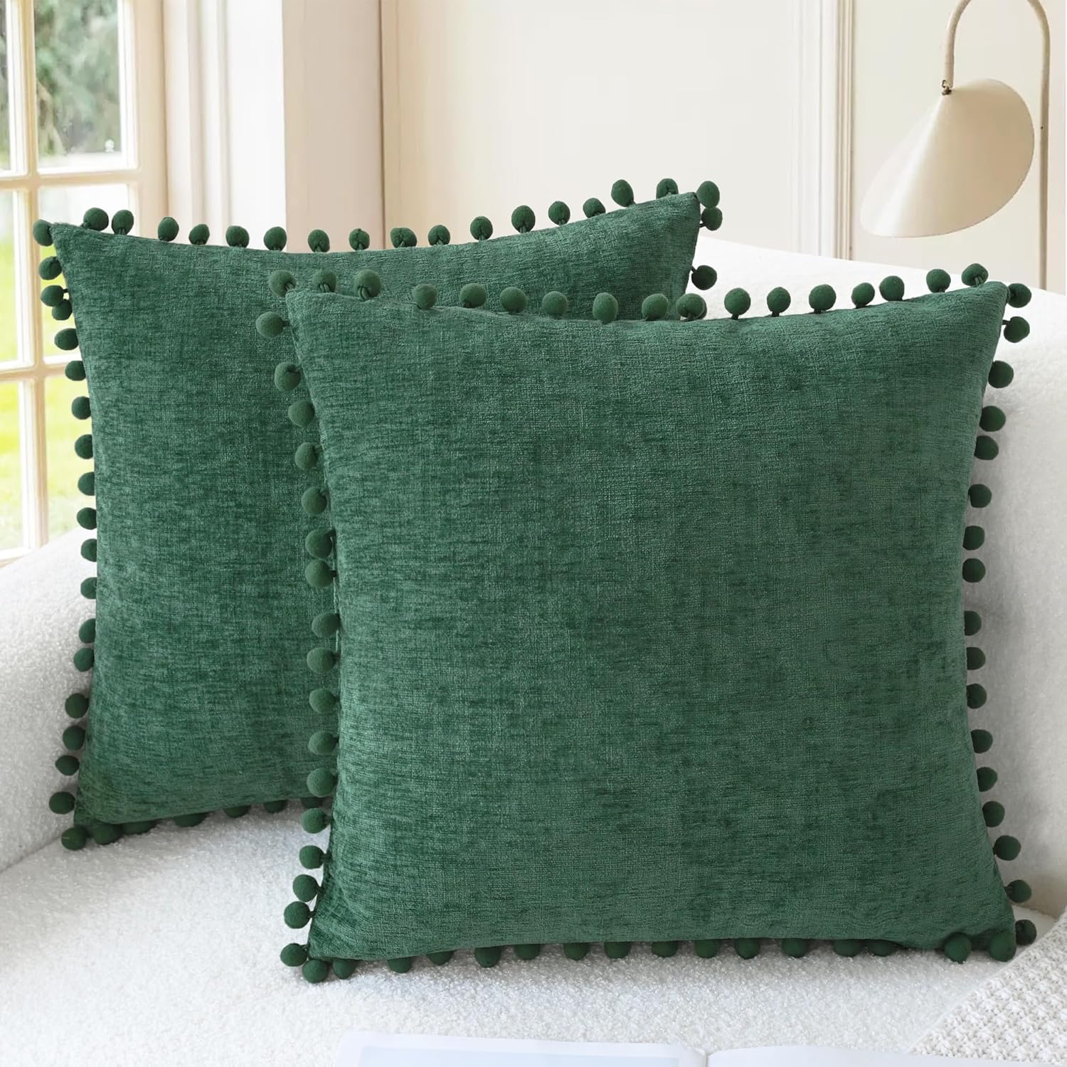 CaliTime Christmas Throw Pillow Covers Decorative 20 X 20 Inches Pack of 2 Cozy Solid Dyed Soft Chenille Cushion Cases with Pom Poms for Couch Sofa Bed Living Room Home Dark Green