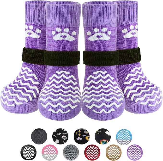PUPTECK Anti Slip Dog Socks 2 Pairs with Double Grippers for Hardwood Floors, Shoes for Hot/Cold Pavement, Boots & Paws Protectors to Prevent Licking, Traction Booties for Senior Small Large Dogs