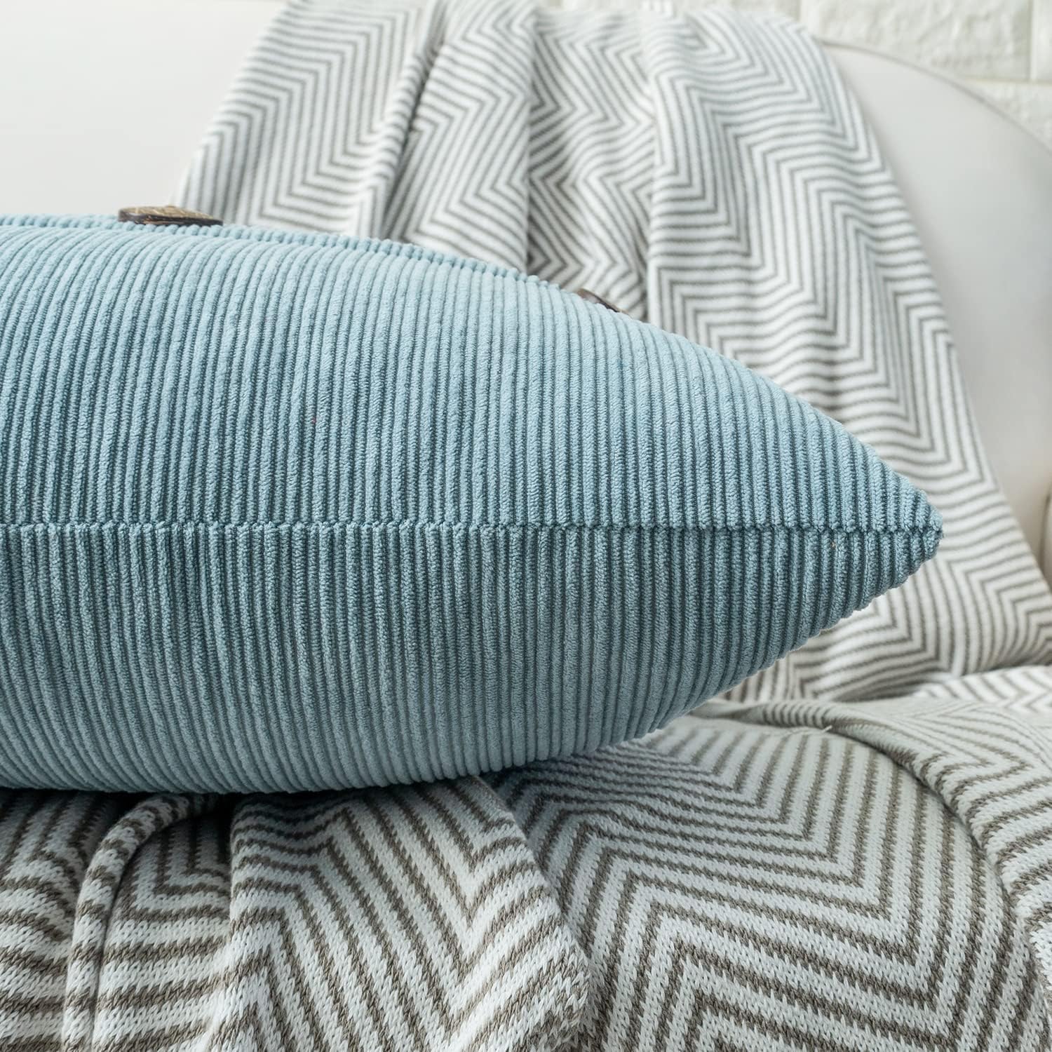 HWY 50 Light Blue Chenille Throw Pillow Covers 18x18 Inch with Triple Buttons, Soft Farmhouse Accent Decorative Cushion Cases for Couch Sofa Bed Living Room Pack of 2