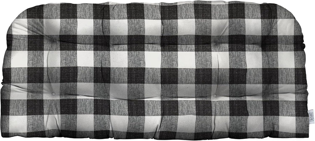 RSH DECOR: Tufted Wicker Loveseat Cushion | 41” x 19" | All-Weather Spun Fabric | Water and Fade-Resistant | Outdoor Settee Cushion for Patio Furniture | Black Buffalo Plaid - Made in USA