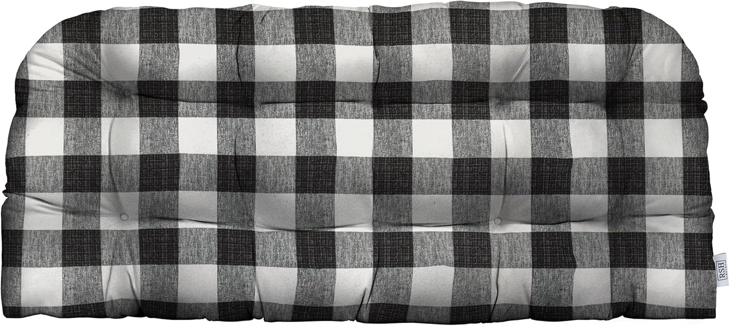 RSH DECOR: Tufted Wicker Loveseat Cushion | 41” x 19" | All-Weather Spun Fabric | Water and Fade-Resistant | Outdoor Settee Cushion for Patio Furniture | Black Buffalo Plaid - Made in USA