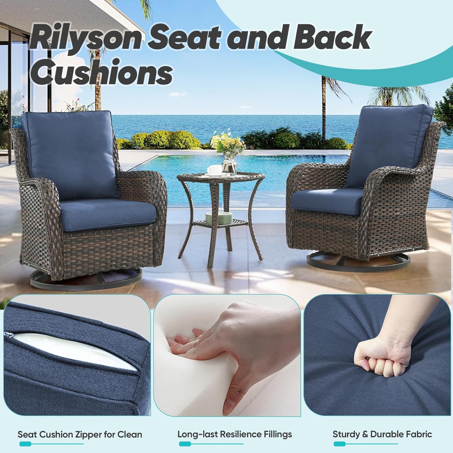 Rilyson Patio Cushions for Outdoor Furniture - 22×24 Inches High Back and Deep Seating Outdoor Cushion for Patio Chairs Sofa Couch Loveseat Water Resistant(Blue/1 Set/NO Button)