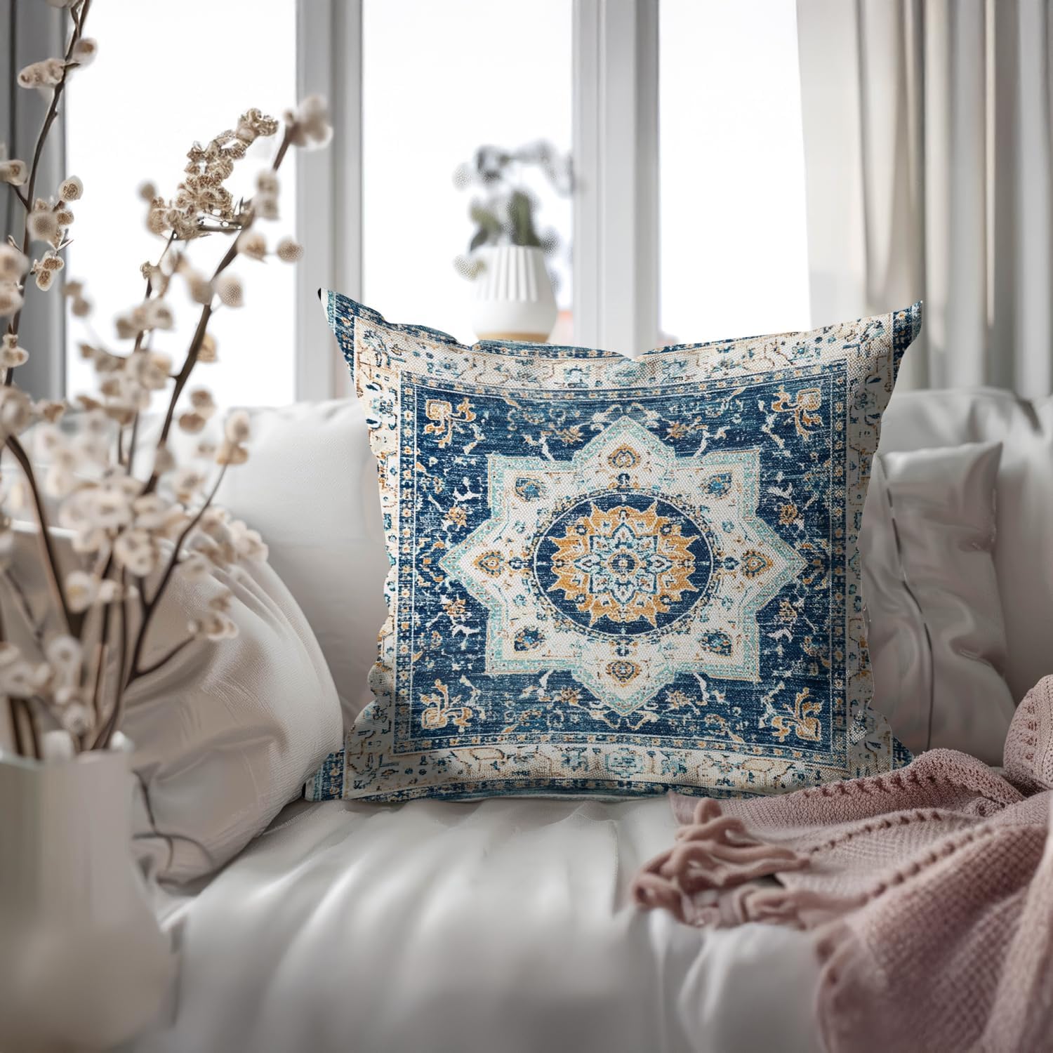 Bohemian Pillow Covers | Vintage Floral & Carpet Design | Double Sided Blue White Decorative Pillowcases for Couch, Bed | Indoor Outdoor Boho Home Decor (White&Blue, 18x18inches)