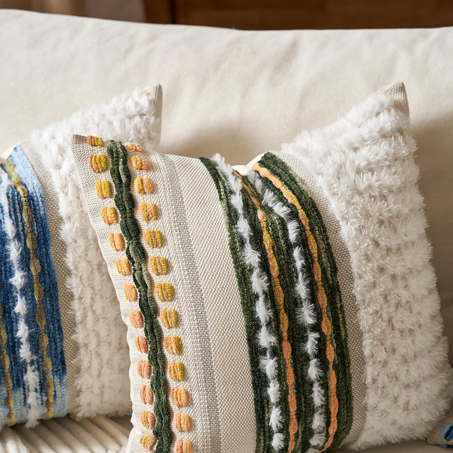 Aeckself Boho Chenille Tufted Throw Pillow Covers 18x18 Inch Set of 2, Farmhouse Decorative Striped Square Pillow Covers Accent Neutral Pillowcase for Living Room Couch Bed, Green