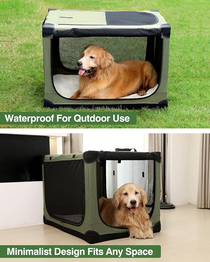 42 Inch Collapsible Travel Dog Crate for Medium Large Dogs, Portable Dog Crate 4-Door Foldable Soft Kennel with Durable Mesh Windows for Indoor & Outdoor Travel, with Storage Bag,Green