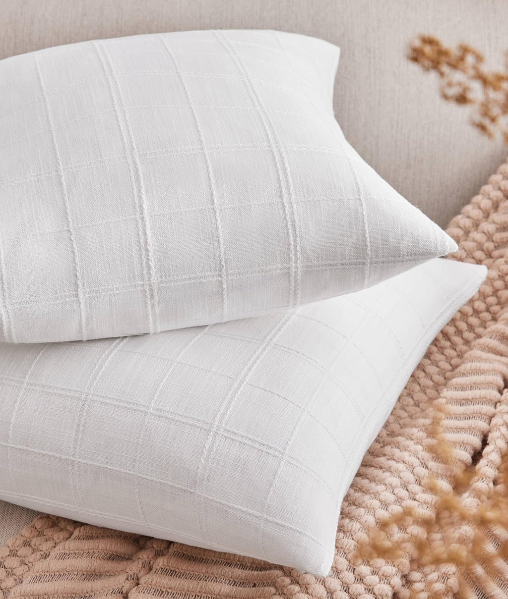 ZeeMart Linen Checked Throw Pillow Covers Set of 2, 18x18 Inch Allover Grid White, Farmhouse Decorative Double Sided Grid Embroidered Couch Pillow Cases White Cotton Linen Cushion Covers