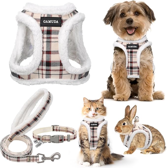 GAMUDA Small Dog Harness Collar and Leash Set, Step in No Chock No Pull Soft Mesh Adjustable Dog Vest Harnesses Plaid Reflective for Dogs Puppy Cats Kitten Rabbit (Warm Beige, XL)