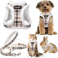 GAMUDA Small Dog Harness Collar and Leash Set, Step in No Chock No Pull Soft Mesh Adjustable Dog Vest Harnesses Plaid Reflective for Dogs Puppy Cats Kitten Rabbit (Warm Beige, XL)