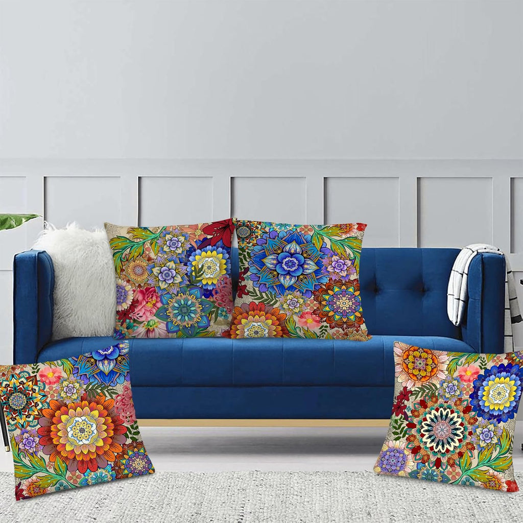 Boho Floral Throw Pillows Covers Colorful Flowers Decorative Pillow Cases for Sofa Couch Bedroom Living Room Decor Farmhouse Cushion Covers 18x18 Inches Set of 4