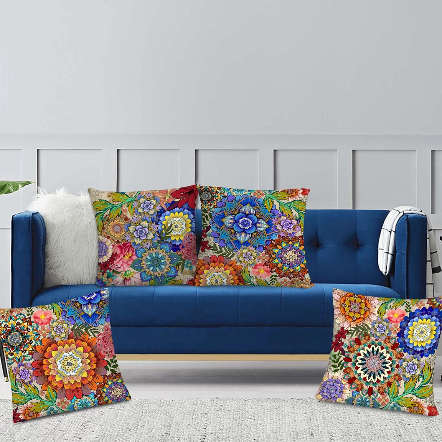 Boho Floral Throw Pillows Covers Colorful Flowers Decorative Pillow Cases for Sofa Couch Bedroom Living Room Decor Farmhouse Cushion Covers 18x18 Inches Set of 4