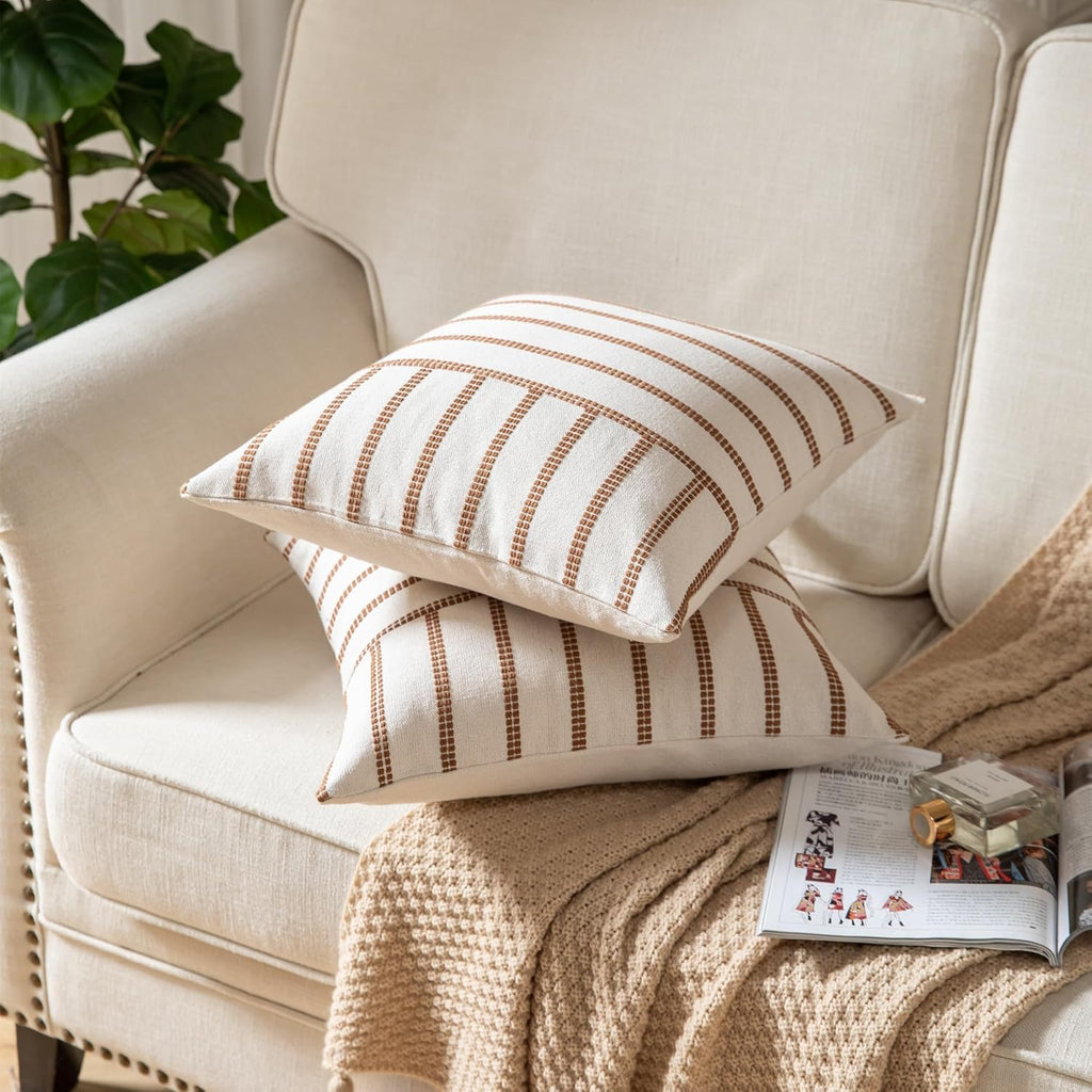 Caflife Boho Throw Pillow Covers 20x20 Set of 2 Soft Farmhouse Decorative Couch Pillow Cases Brown Striped Pillow Covers Neutral Cushion Covers for Sofa Bed Living Room Home Decor