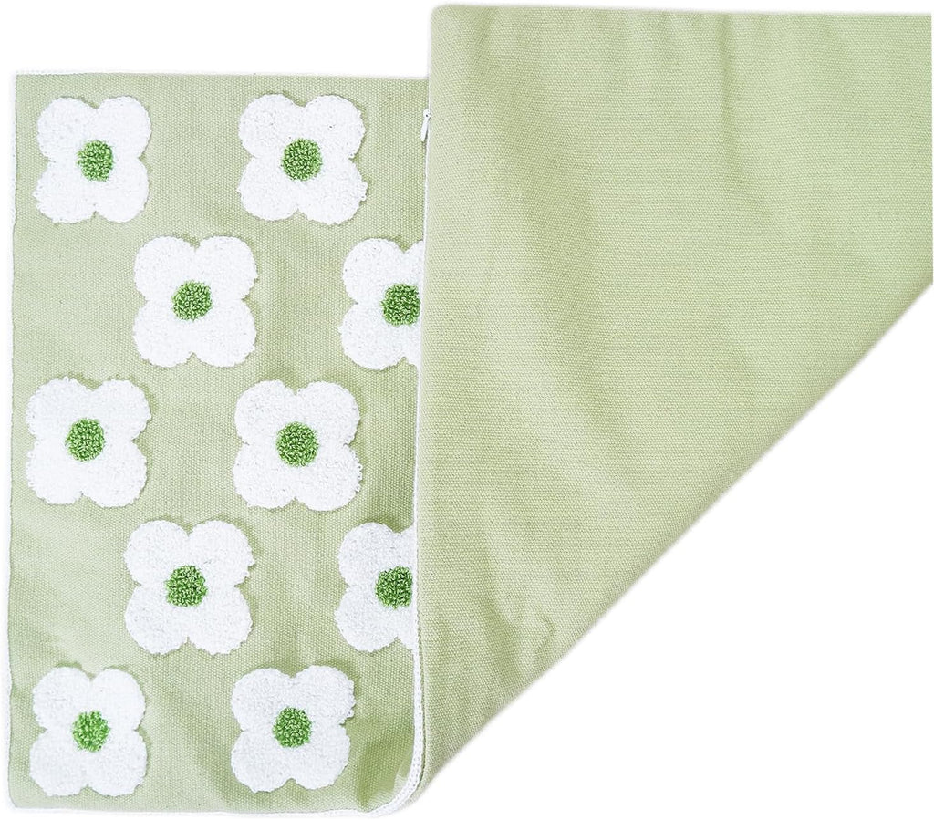 DECOBIRD Embroidery Throw Pillow Cover 12x20 Light Green Floral Design Home Decor Loop Embroidered Pillow Case Thick Cotton Canvas Square Cushion Cover for Couch 30x50cm, 4 Petal Flowers 1 Piece
