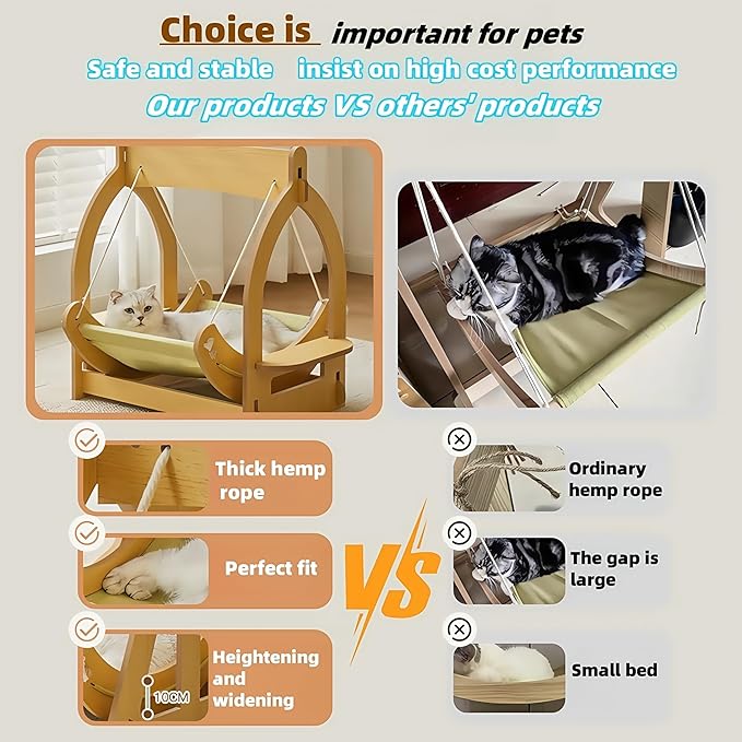2 in 1 Wooden Cat Hammock, Comfortable and Breathable Hanging Cat Bed with Soft Mattress and Pillow，Suitable for Cats or Small Dogs