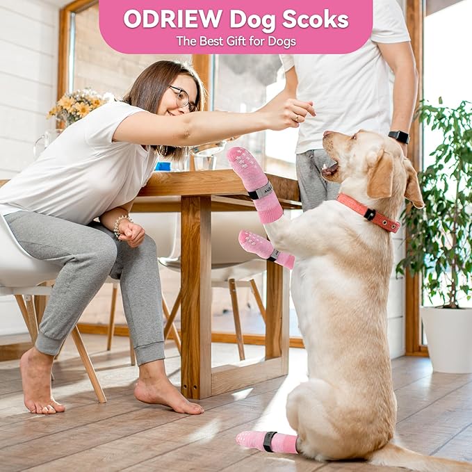 Non Slip Dog Socks to Prevent Licking Paws - Dog Booties for Hardwood Floors Anti Slip - Grippy Socks for Senior Dog - Double Side Paw Protector Prevent Scratching for Hot Pavement. (Pink, M)