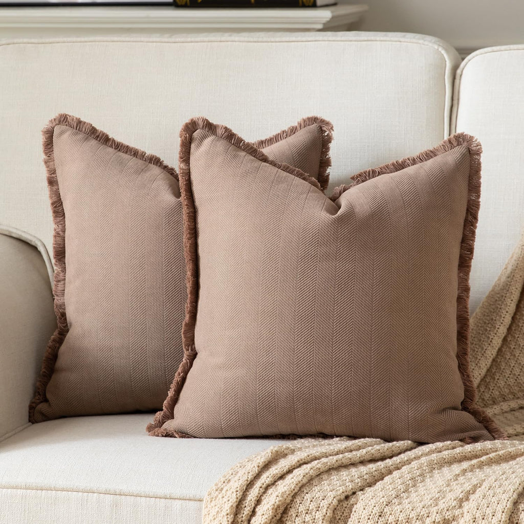 Set of 2 Decorative Fringe Throw Pillow Covers Chenille Pillow Covers Elegant Design Pillowcase Soft Tassels Cushion Cover for Couch Bed Home Decor,20×20 Inch,Khaki